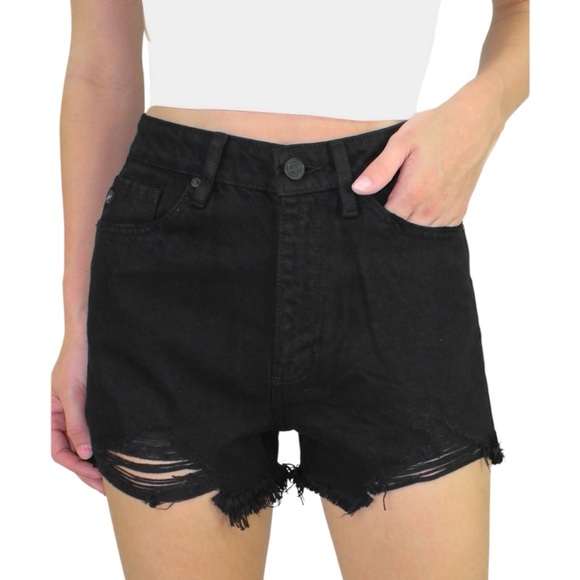Rewash Peace Love Eco Black Distressed Denim Shorts - Picture 1 of 6